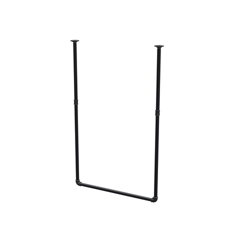 Barra de ropa suspendida del techo en tubo de acero pintado de negro mate Ø 27 mm — anchura 76 cm, altura bajo techo 123 cm, vista de tres cuartos sobre fondo blanco