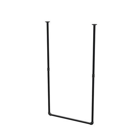 Barra de ropa suspendida del techo en tubo de acero pintado de negro mate Ø 27 mm — anchura 76 cm, altura bajo techo 143 cm, vista de tres cuartos sobre fondo blanco
