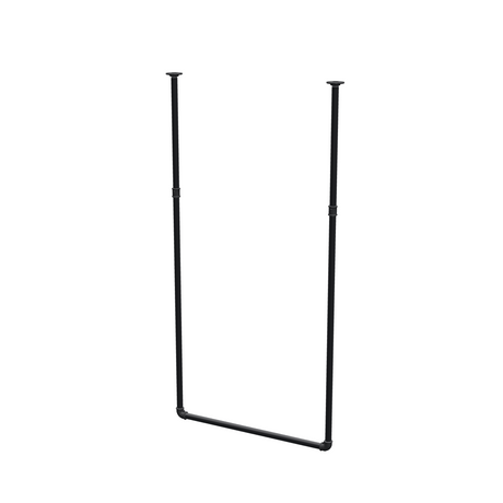 Barra de ropa suspendida del techo en tubo de acero pintado de negro mate Ø 27 mm — anchura 76 cm, altura bajo techo 153 cm, vista de tres cuartos sobre fondo blanco