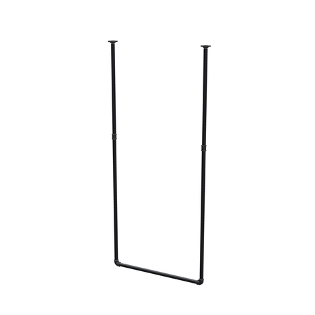 Barra de ropa suspendida del techo en tubo de acero pintado de negro mate Ø 27 mm — anchura 76 cm, altura bajo techo 173 cm, vista de tres cuartos sobre fondo blanco