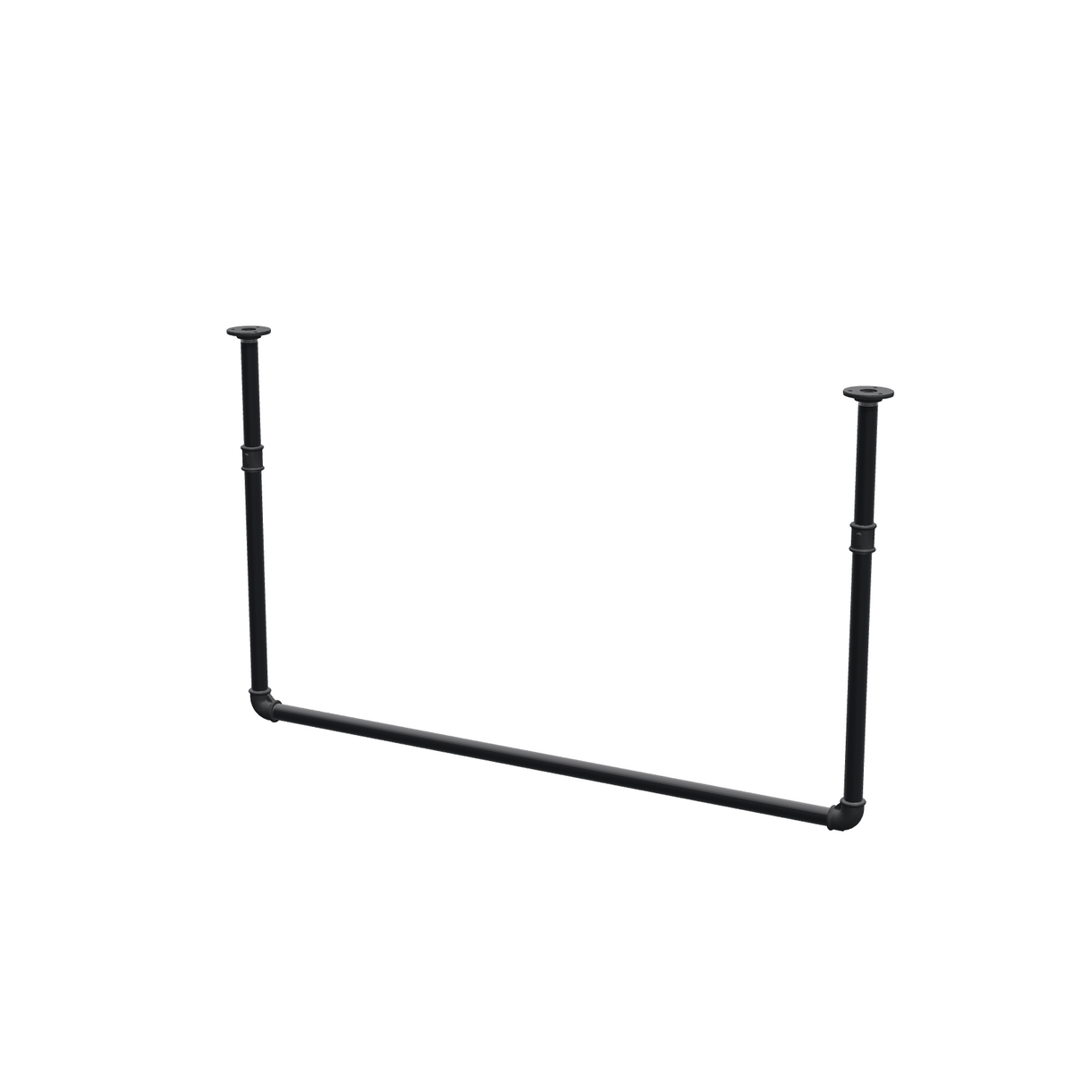 Portant à vêtements suspendu au plafond en tubes d'acier peints noir mat Ø 27 mm — largeur 106 cm, hauteur sous plafond 63 cm, vue de trois quarts sur fond blanc