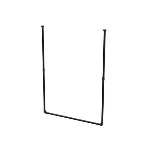 Barra de ropa suspendida del techo en tubo de acero pintado de negro mate Ø 27 mm — anchura 106 cm, altura bajo techo 143 cm, vista de tres cuartos sobre fondo blanco