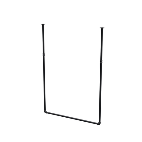 Barra de ropa suspendida del techo en tubo de acero pintado de negro mate Ø 27 mm — anchura 106 cm, altura bajo techo 153 cm, vista de tres cuartos sobre fondo blanco