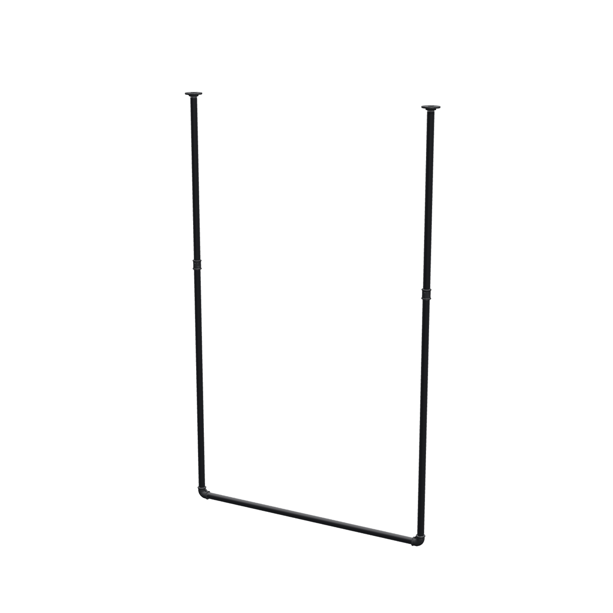 Portant à vêtements suspendu au plafond en tubes d'acier peints noir mat Ø 27 mm — largeur 106 cm, hauteur sous plafond 173 cm, vue de trois quarts sur fond blanc