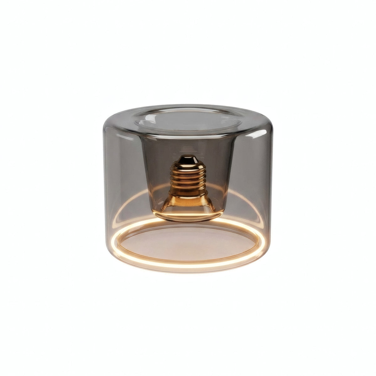 Bombilla LED donut E27 de cristal ahumado, Ø 120 mm, encendida, anillo de luz cálida, fondo blanco
