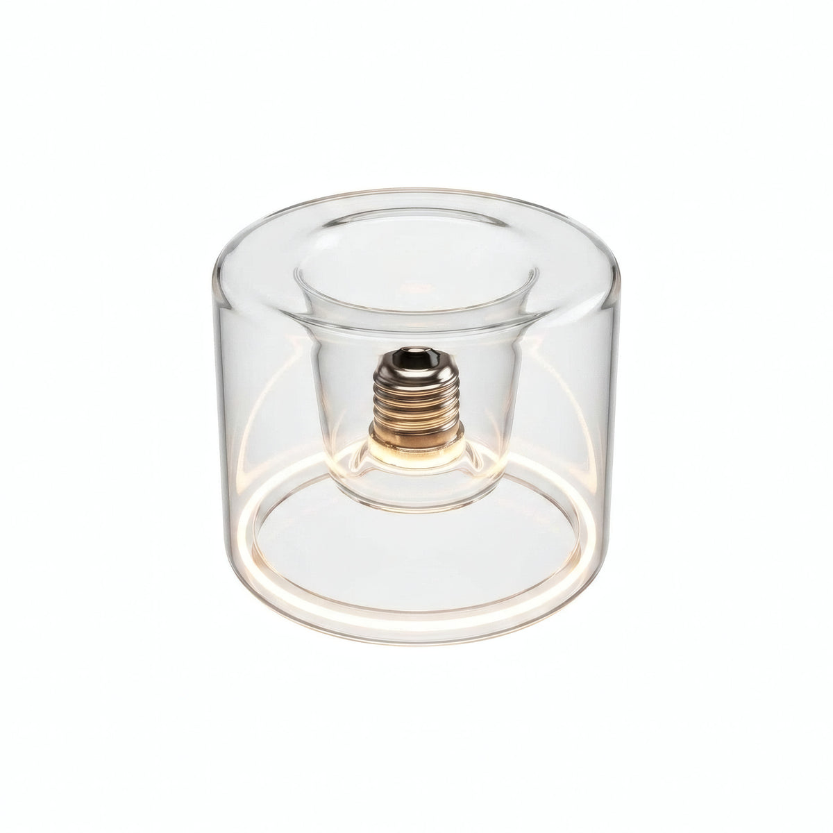Bombilla LED donut E27 de cristal transparente, Ø 120 mm, encendida, anillo de luz cálida, fondo blanco