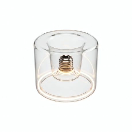 Bombilla LED donut E27 de cristal transparente, Ø 120 mm, encendida, anillo de luz cálida, fondo blanco