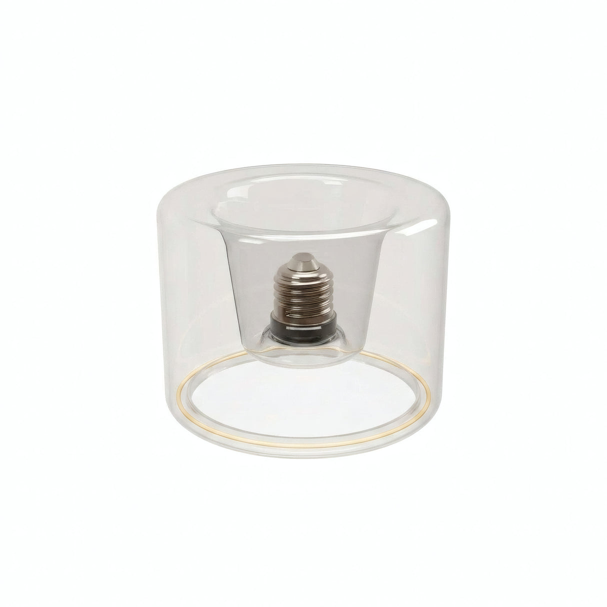 Bombilla LED donut E27 de cristal transparente, Ø 120 mm, vista de tres cuartos, fondo blanco