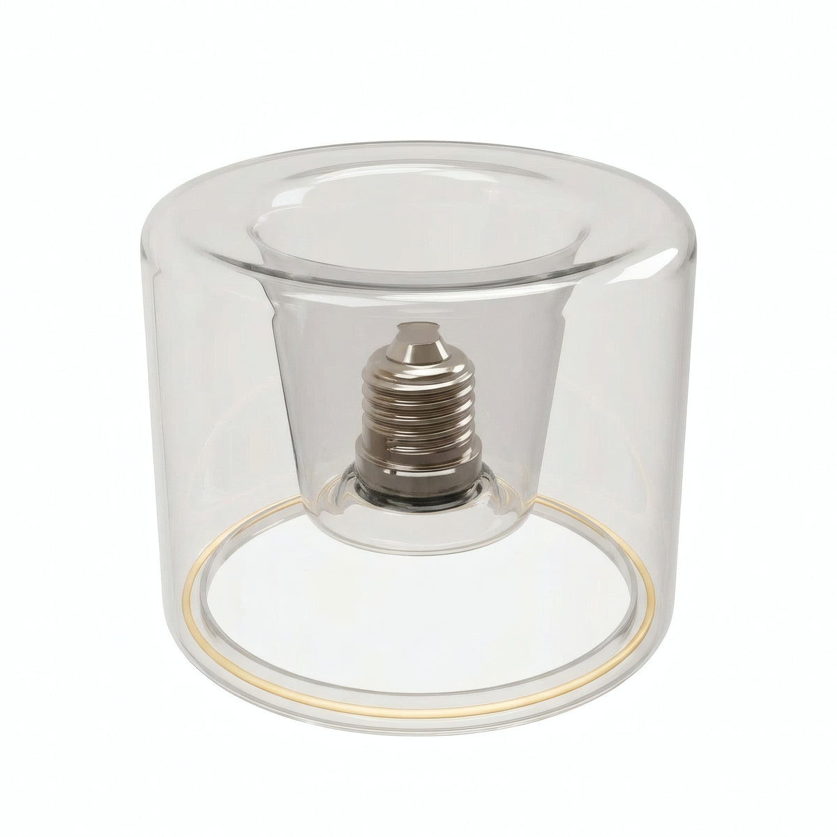 Bombilla LED donut E27 de cristal transparente, Ø 120 mm, vista ligeramente en picado, fondo blanco
