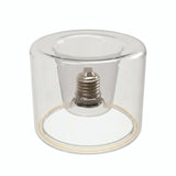 Bombilla LED donut E27 de cristal transparente, Ø 120 mm, vista ligeramente en picado, fondo blanco