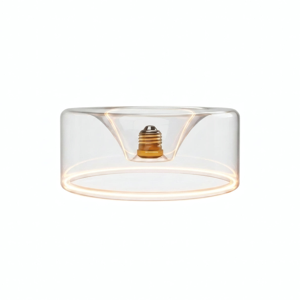 Bombilla LED donut E27 de cristal transparente, Ø 195 mm, encendida, anillo de luz cálida, fondo blanco