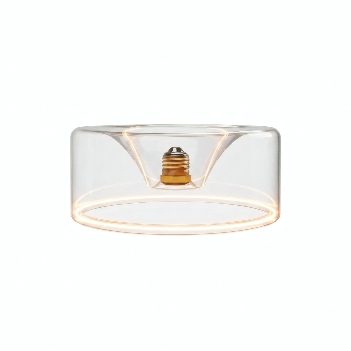 Bombilla LED donut E27 de cristal transparente, Ø 195 mm, encendida, anillo de luz cálida, fondo blanco