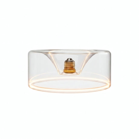 Bombilla LED donut E27 de cristal transparente, Ø 195 mm, encendida, anillo de luz cálida, fondo blanco