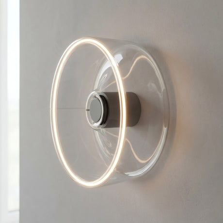 Bombilla LED donut E27 de cristal transparente, Ø 195 mm, como aplique de pared con un halo de luz cálida