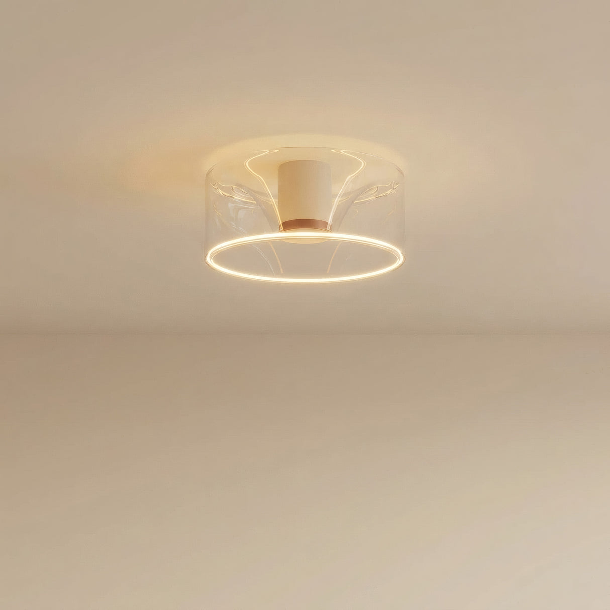 Bombilla LED donut E27 de cristal transparente, Ø 195 mm, en el techo, con luz cálida difusa