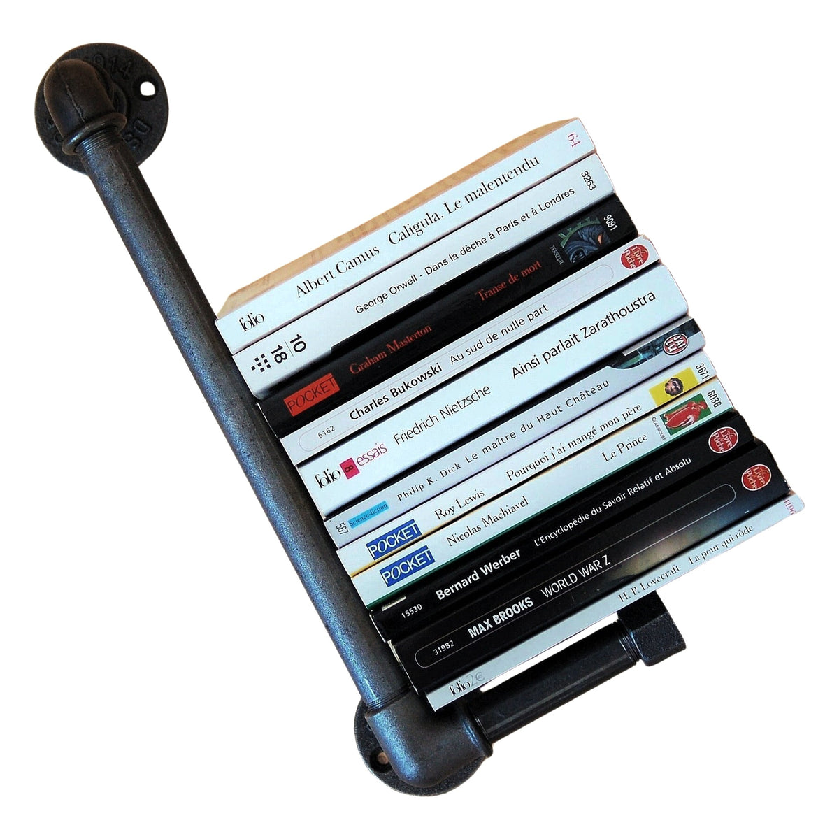Estante de hierro fundido para libros de bolsillo colocado inclinado, libros sujetos por la barra