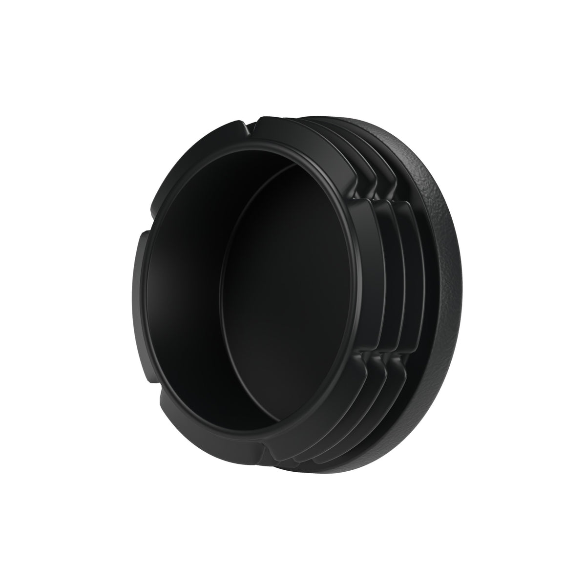 Tapón de plástico negro para racor hembra 1″1/4 33x42, vista inferior: cuerpo hueco y aletas