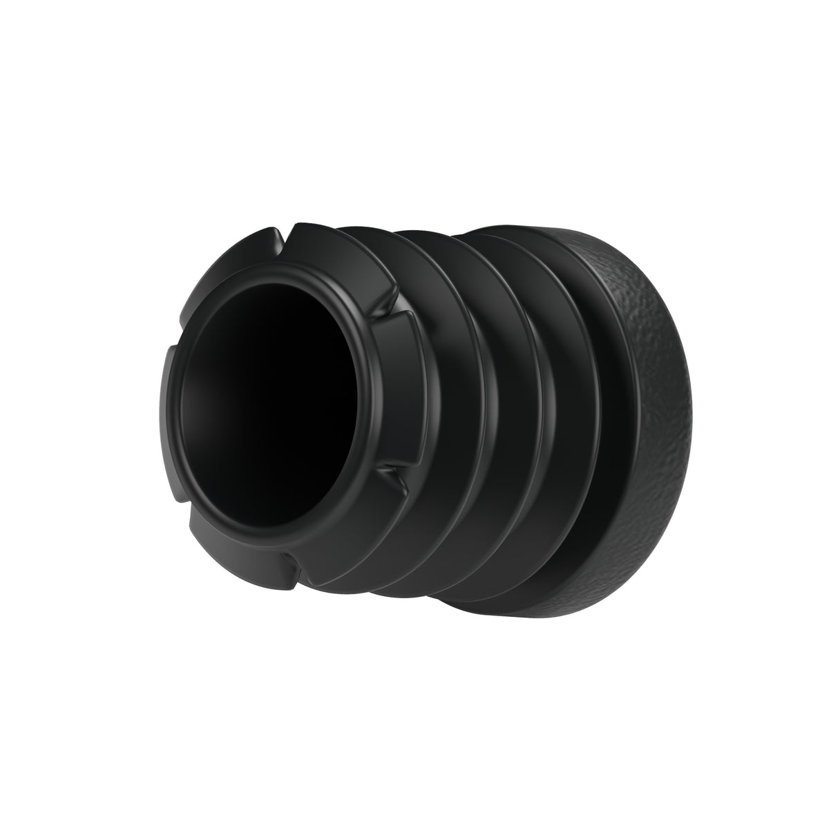 Tapón de plástico negro para racor hembra 1/2″ 15x21, vista inferior: cuerpo hueco y aletas