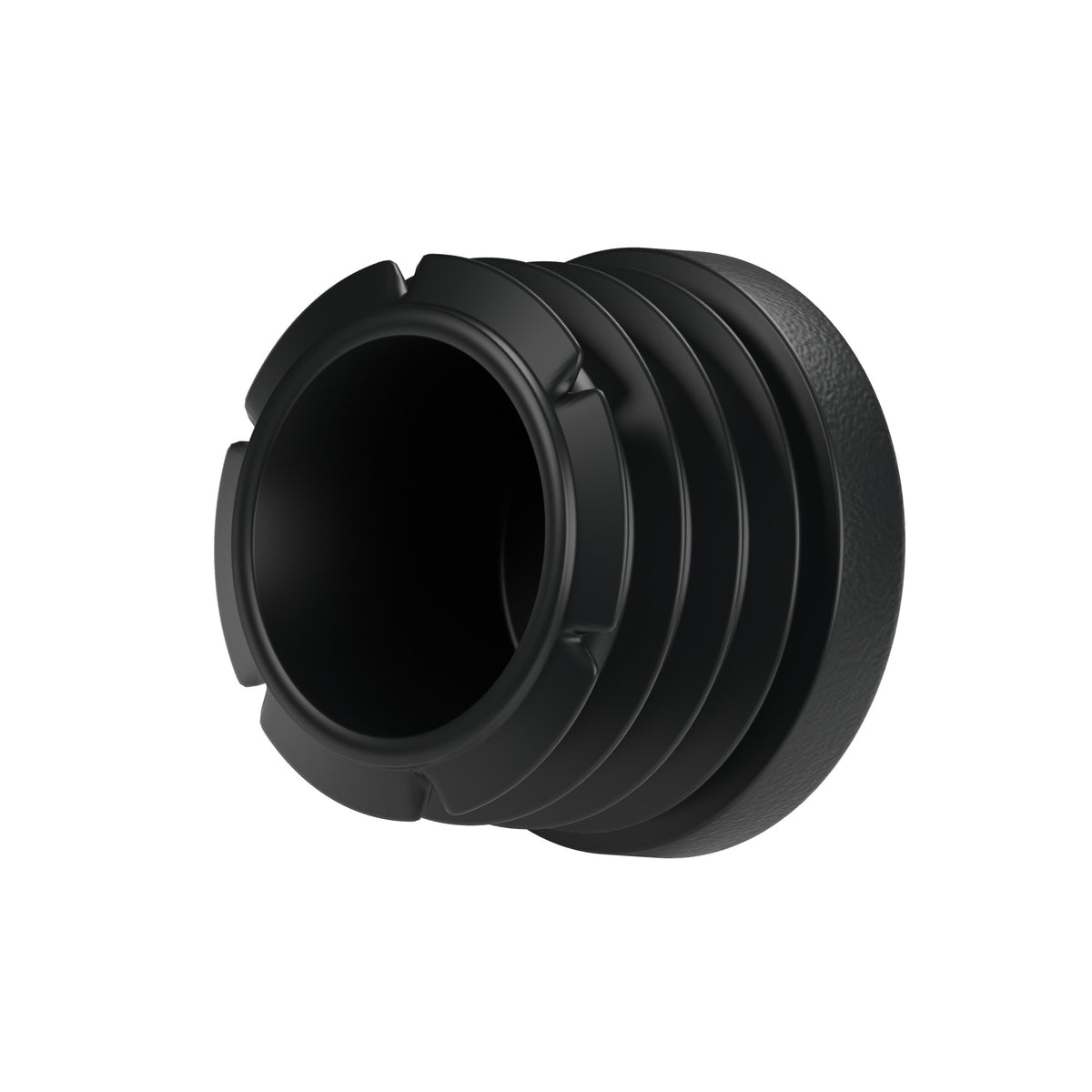 Tapón de plástico negro para racor hembra 1″ 26x34, vista inferior: cuerpo hueco y aletas
