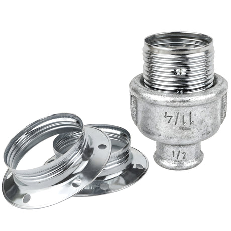 Kit portalámparas E27 de metal brillante plata sobre racor 1/2'' (15x21mm) hembra de hierro fundido galvanizado