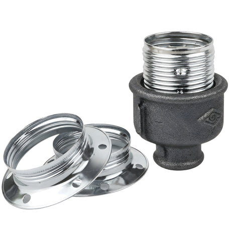 Kit portalámparas E27 de metal brillante plata sobre racor 1/2'' (15x21mm) hembra de hierro fundido negro económico