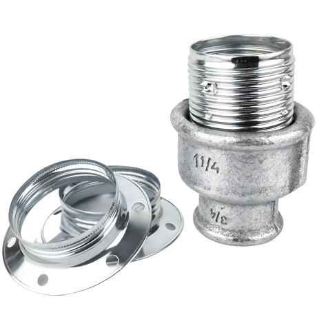 Kit portalámparas E27 de metal brillante plata sobre racor hembra de hierro fundido galvanizado
