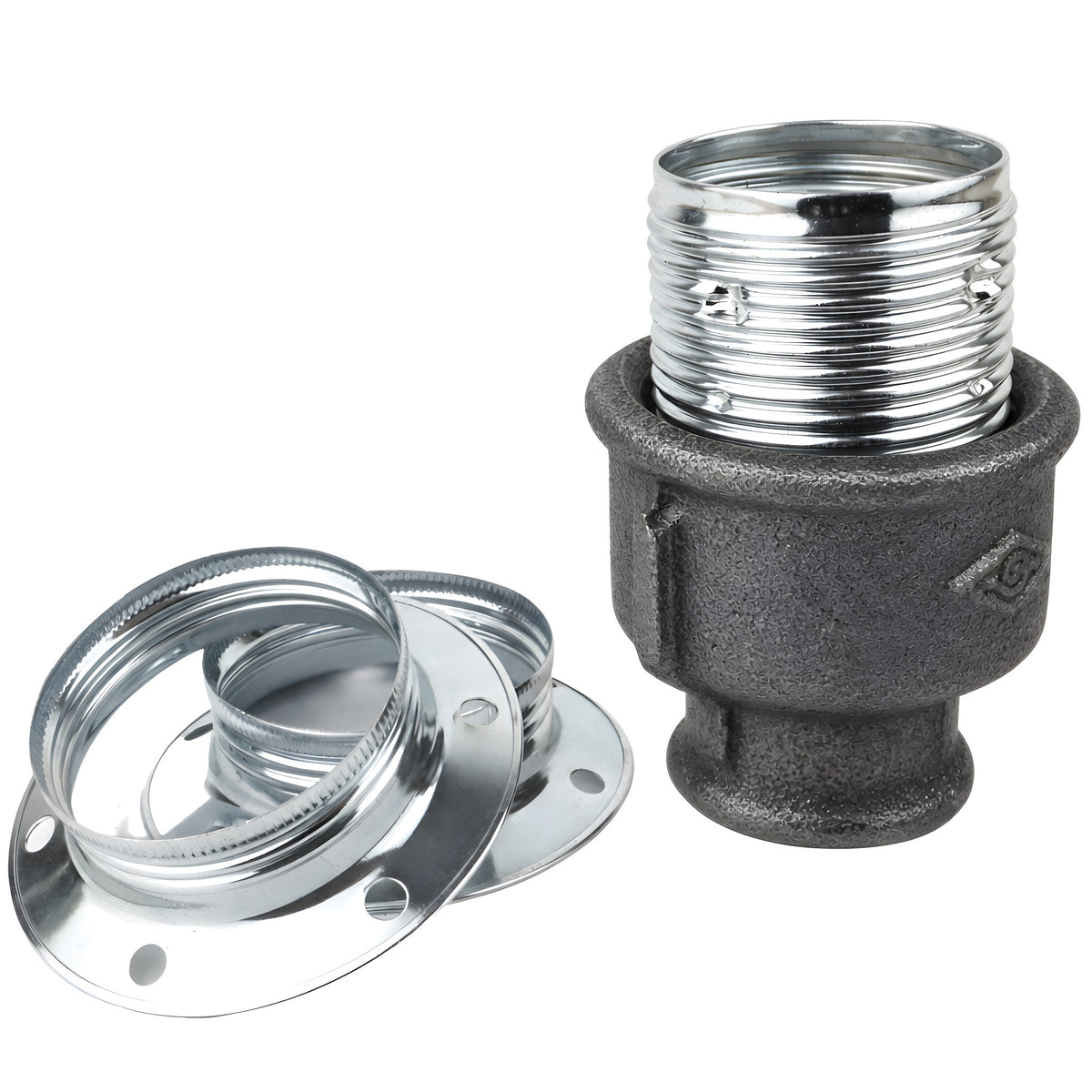 Kit portalámparas E27 de metal brillante plata sobre racor hembra de hierro fundido negro económico