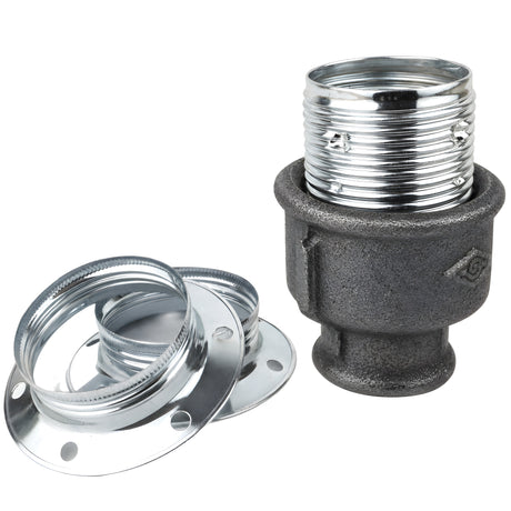 Kit portalámparas E27 de metal brillante plata sobre racor hembra de hierro fundido negro económico
