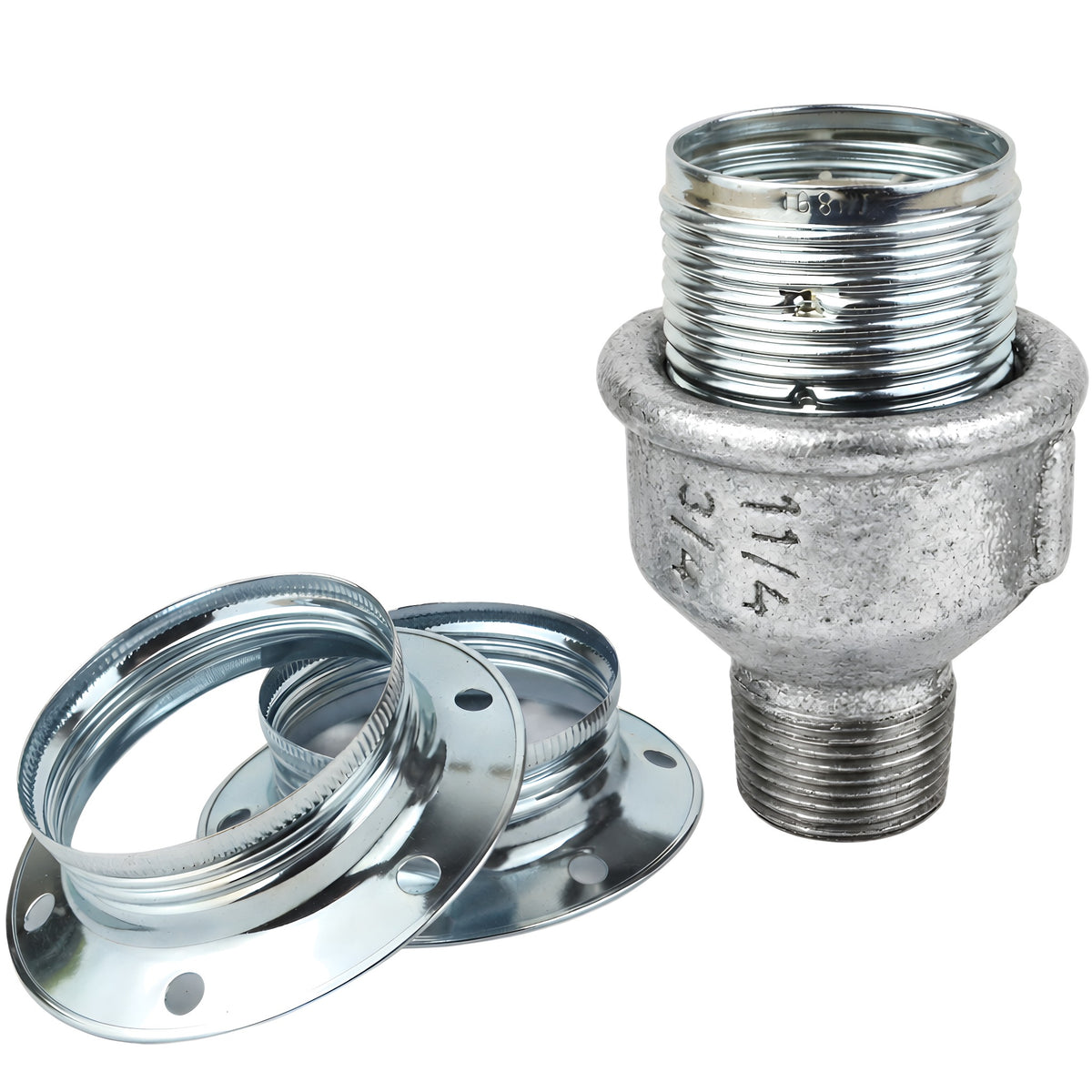 Kit portalámparas E27 de metal brillante plata sobre racor macho de hierro fundido galvanizado