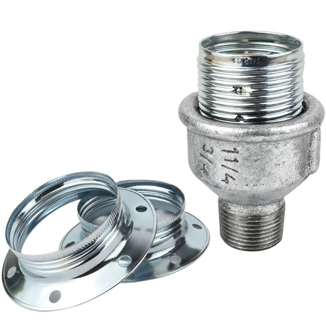 Kit portalámparas E27 de metal brillante plata sobre racor macho de hierro fundido galvanizado