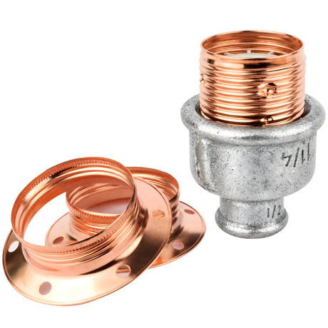 Kit portalámparas E27 de metal brillante cobre sobre racor 1/2'' (15x21mm) hembra de hierro fundido galvanizado