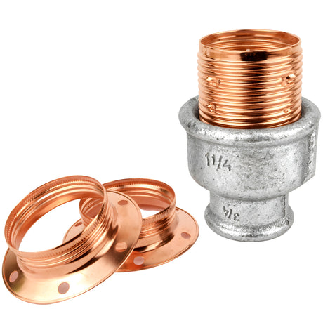 Kit portalámparas E27 de metal brillante cobre sobre racor hembra de hierro fundido galvanizado