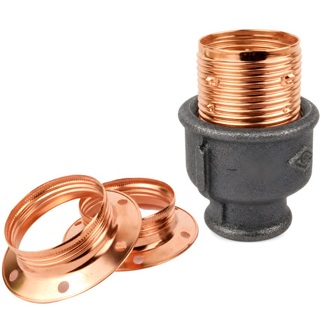 Kit portalámparas E27 de metal brillante cobre sobre racor hembra de hierro fundido negro económico