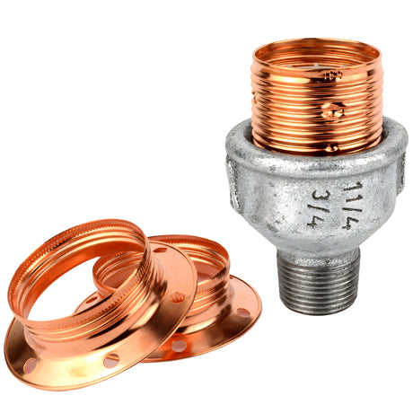 Kit portalámparas E27 de metal brillante cobre sobre racor macho de hierro fundido galvanizado