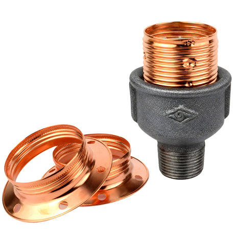 Kit portalámparas E27 de metal brillante cobre sobre racor macho de hierro fundido negro económico