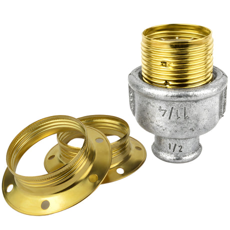 Kit portalámparas E27 de metal brillante latón sobre racor 1/2'' (15x21mm) hembra de hierro fundido galvanizado