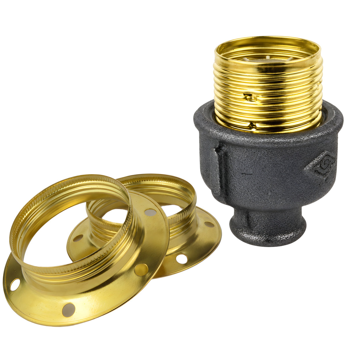Kit portalámparas E27 de metal brillante latón sobre racor 1/2'' (15x21mm) hembra de hierro fundido negro económico
