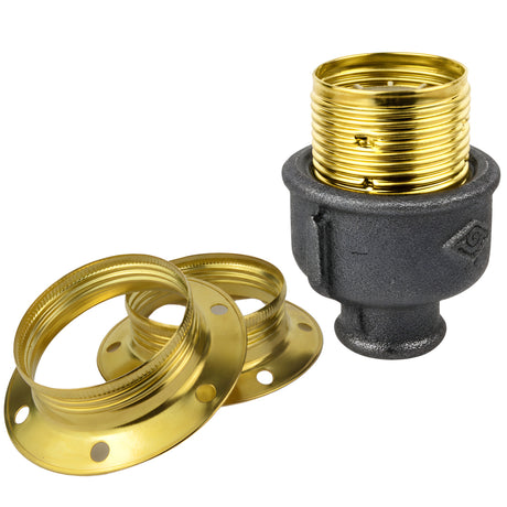 Kit portalámparas E27 de metal brillante latón sobre racor 1/2'' (15x21mm) hembra de hierro fundido negro económico