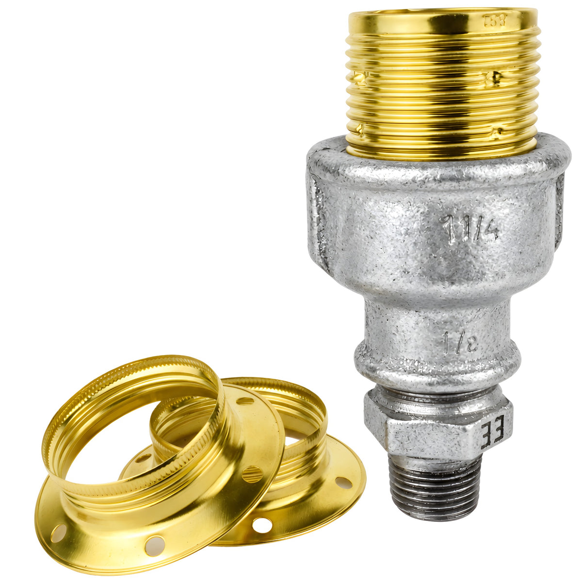 Kit portalámparas E27 de metal brillante latón sobre racor 1/2'' (15x21mm) macho de hierro fundido galvanizado