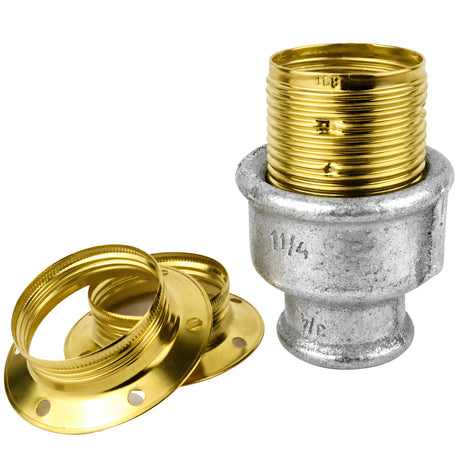 Kit portalámparas E27 de metal brillante latón sobre racor hembra de hierro fundido galvanizado