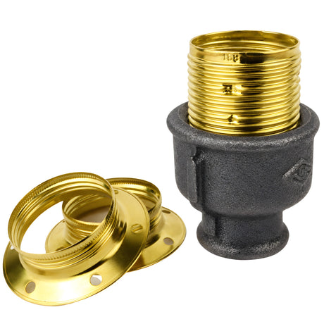 Kit portalámparas E27 de metal brillante latón sobre racor hembra de hierro fundido negro económico