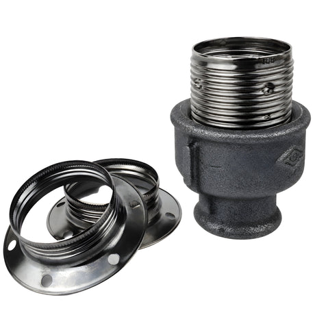 Kit portalámparas E27 de metal brillante negro sobre racor hembra de hierro fundido negro económico