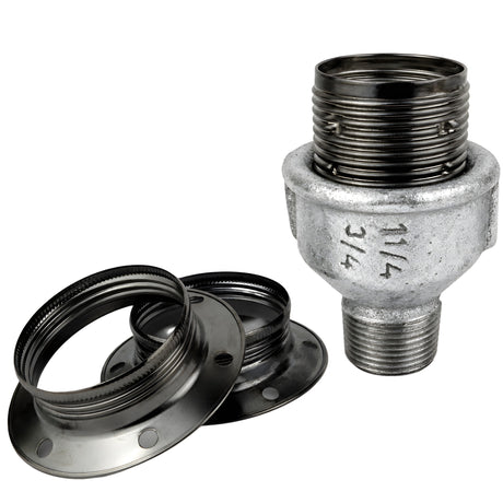 Kit portalámparas E27 de metal brillante negro sobre racor macho de hierro fundido galvanizado