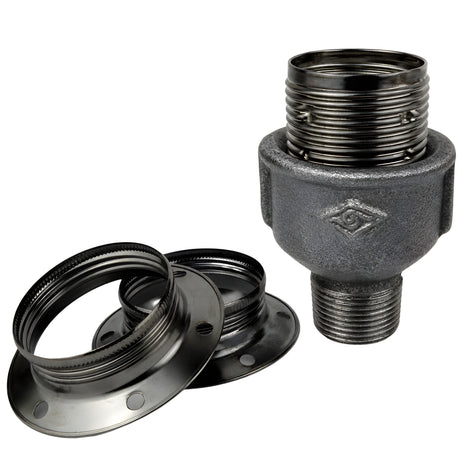 Kit portalámparas E27 de metal brillante negro sobre racor macho de hierro fundido negro económico