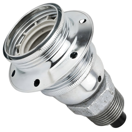 Kit portalámparas E27 de metal brillante plata sobre racor macho de hierro fundido galvanizado