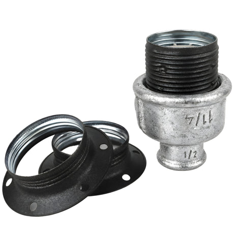 Kit portalámparas E27 de metal mate gris sobre racor 1/2'' (15x21mm) hembra de hierro fundido galvanizado