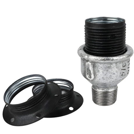 Kit portalámparas E27 de metal mate gris sobre racor macho de hierro fundido galvanizado