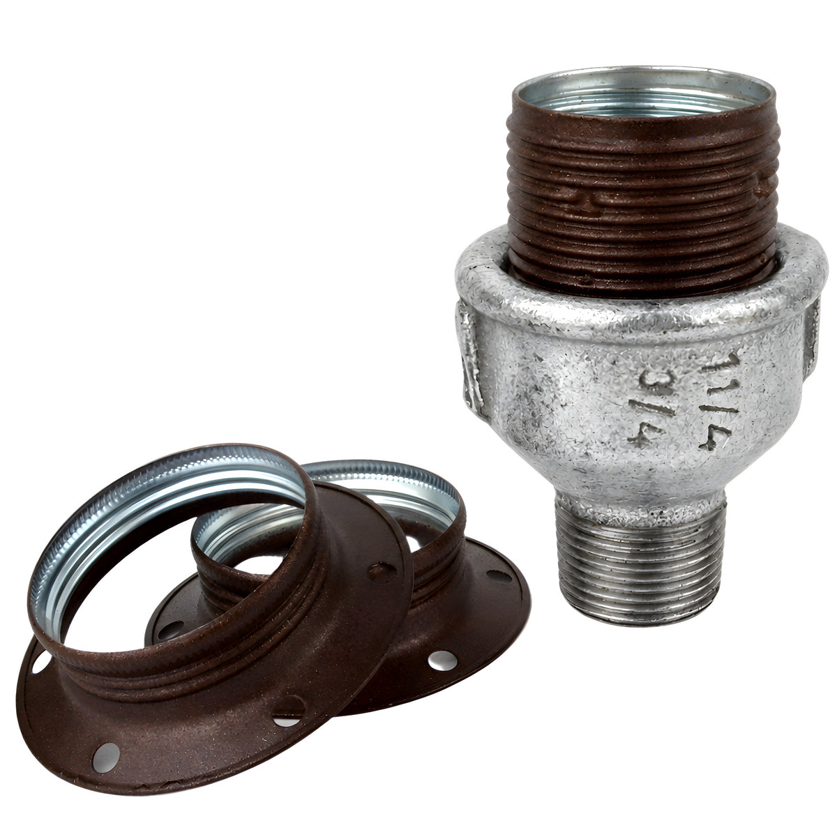 Kit portalámparas E27 de metal mate óxido sobre racor macho de hierro fundido galvanizado