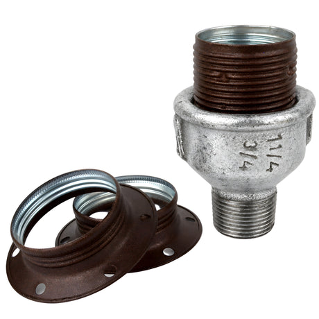 Kit portalámparas E27 de metal mate óxido sobre racor macho de hierro fundido galvanizado