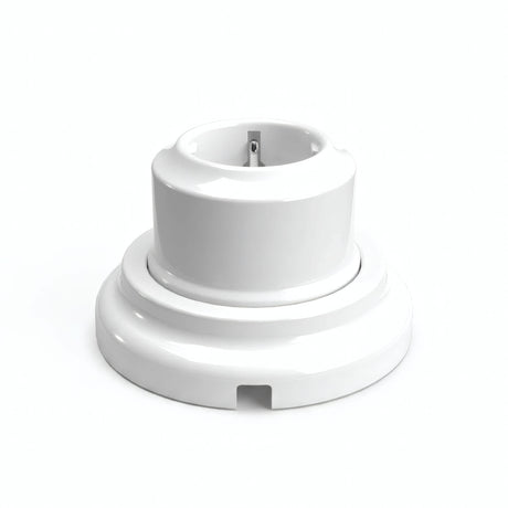 Kit toma de pared y base de porcelana — Schuko 2P+T 16 A / Blanco / Plana Ø 100 mm